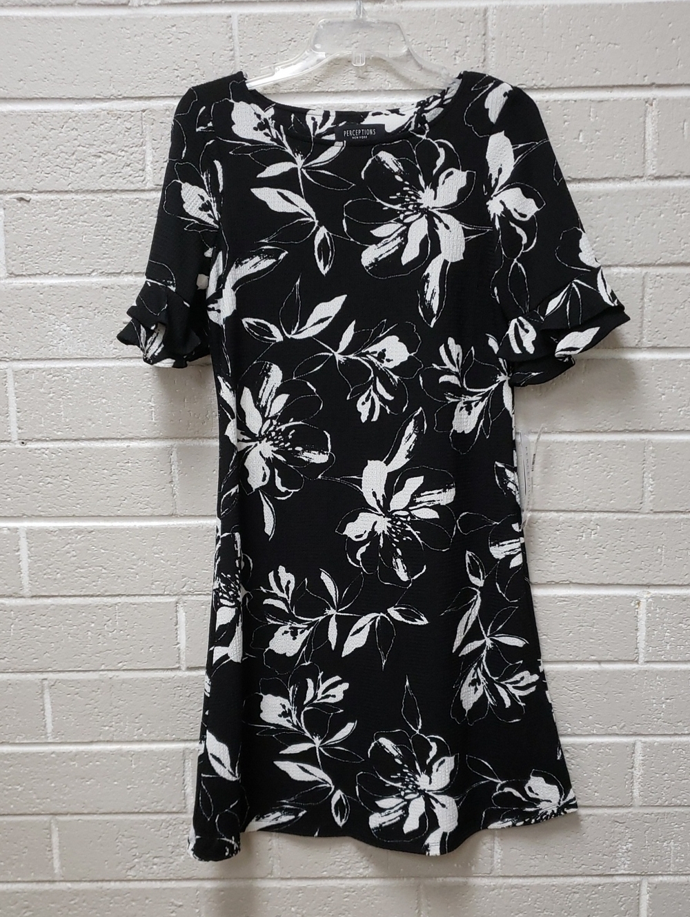 Perceptions Black & White Floral A-Line Dress Small